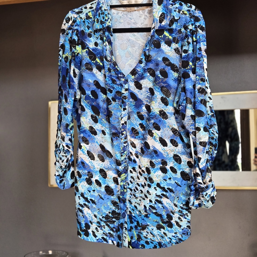 Vibrant Blue and Black Animal Print Patterned Blouse Gold Metallic Accent XL - Picture 2 of 8